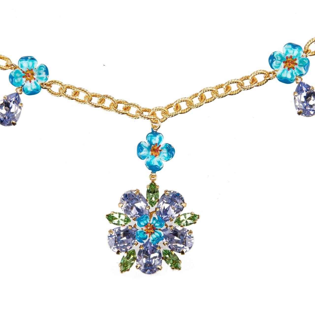 - Chocker necklace with blue crystals and hand-painted cherry flowers in gold by DOLCE & GABBANA - RUNWAY - Dolce & Gabbana Fashion Show - New with Box - Made in Italy - Nickel free - Model: WNK6G2-W1111-Z0000 - Material:  70% Brass, 30% Crystals -