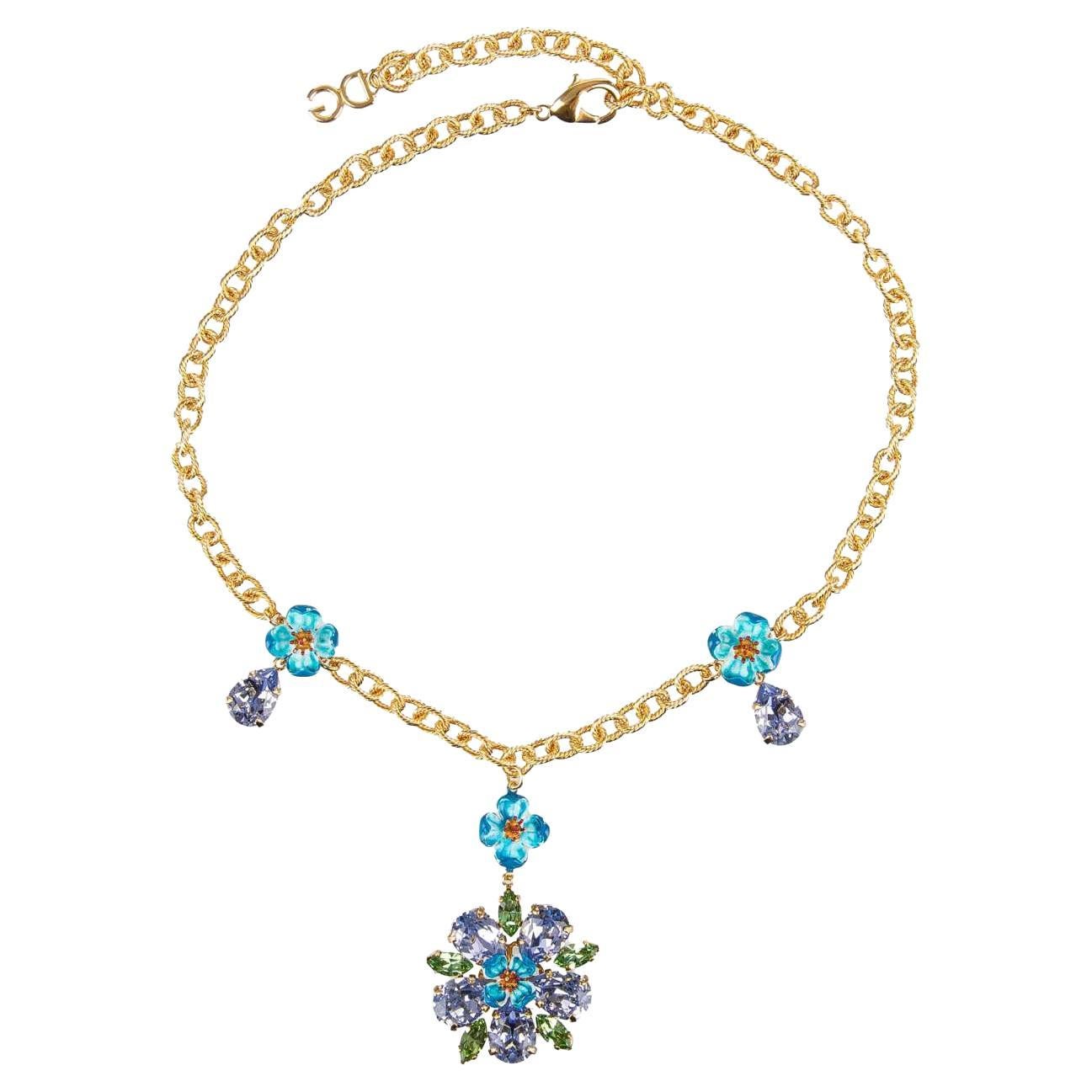 Dolce & Gabbana - Crystal Flower Necklace Chocker Blue Gold For Sale