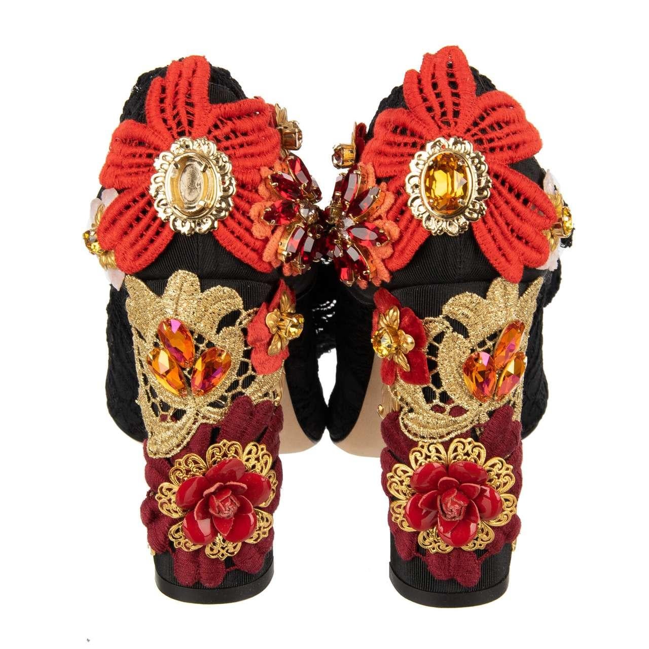 - Floral lace Pumps VALLY with crystals, brass decorations and embroidery heel in black, gold and red by DOLCE & GABBANA - New with Box - MADE IN ITALY - Flower embroidery - Model: CT0158-AD213-89969 - Material: 93% Polyamid, 7% Elastane - Inner