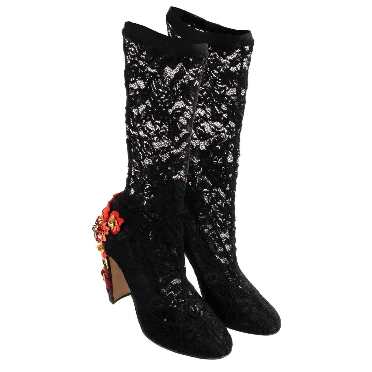 Dolce & Gabbana Crystal Flower Rose Lace Boots Pumps VALLY Black 40 10 For Sale 1