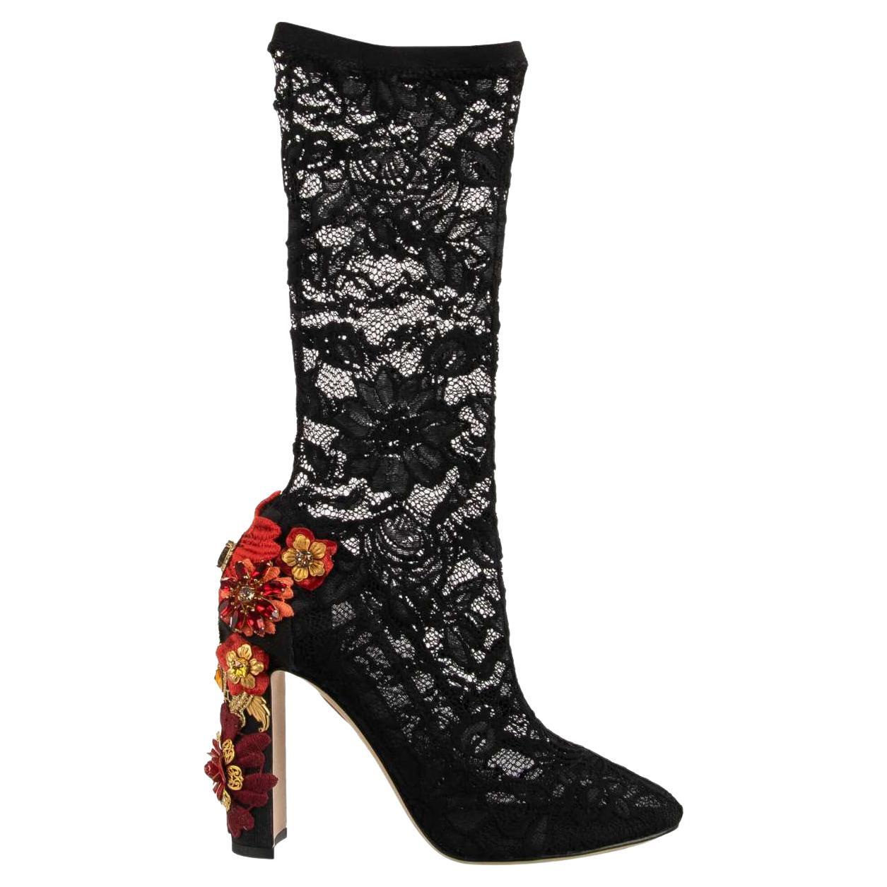 Dolce & Gabbana Crystal Flower Rose Lace Boots Pumps VALLY Black 40 10 For Sale