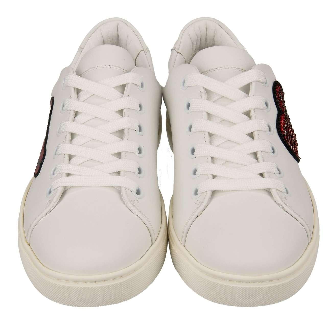 - Leather Sneaker LONDON with crystal heart and Love embroidered patches in white by DOLCE & GABBANA - New with Box - MADE IN ITALY - Model: CK0167-B5569-8J098 - Material: 100% Calf leather - Sole: Rubber - Color: White - Crystal embroidered patch -