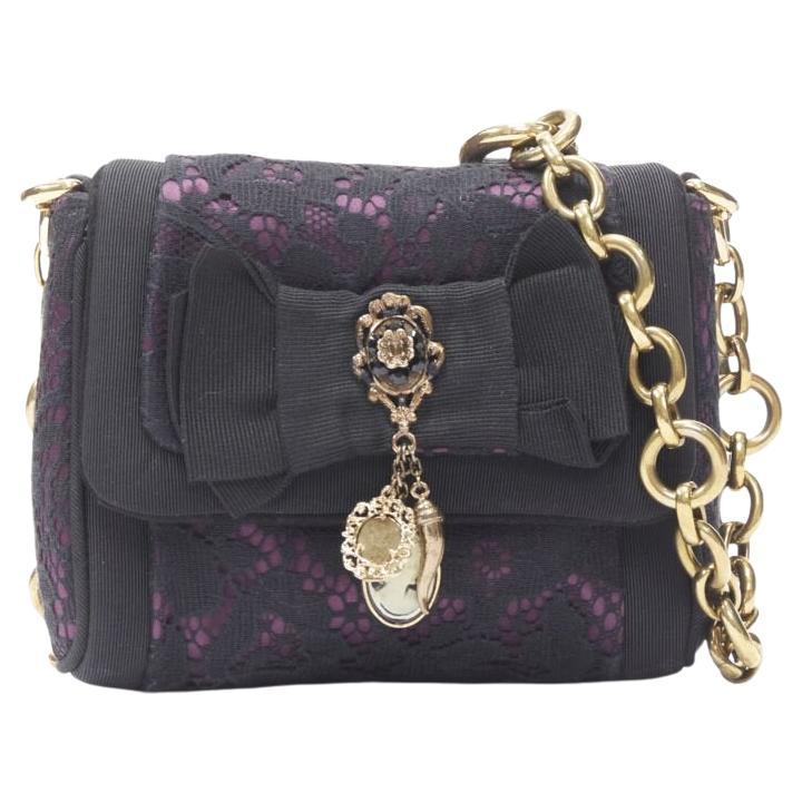 DOLCE GABBANA crystal medallion charm bow lace satin flap chain shoulder strap