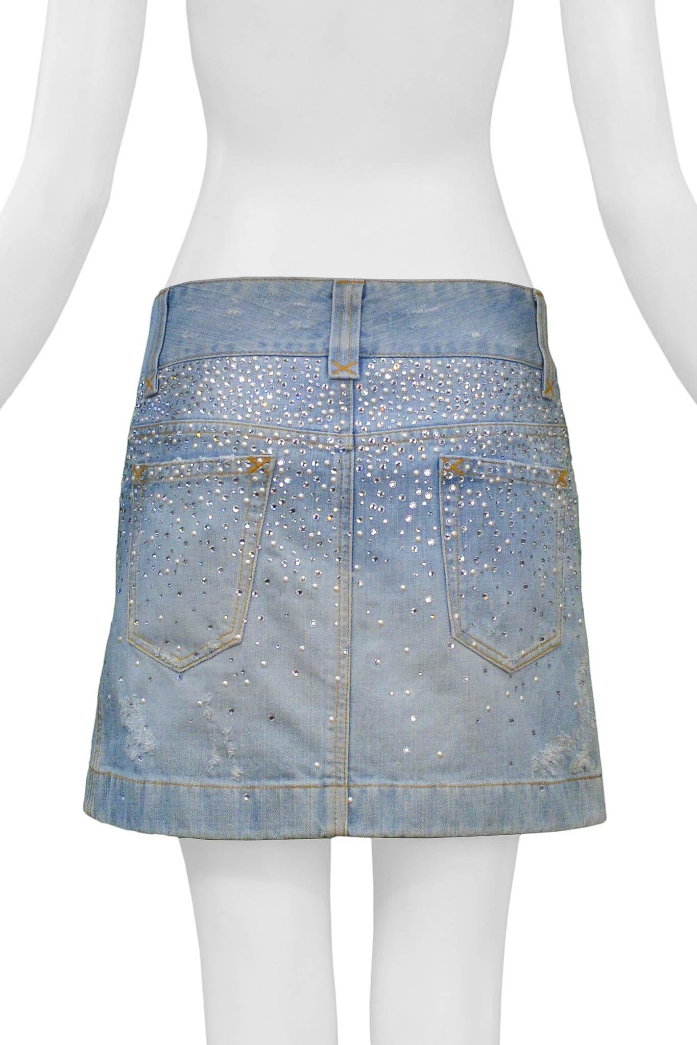 Gray Dolce & Gabbana Crystal & Pearl Denim Mini Skirt For Sale