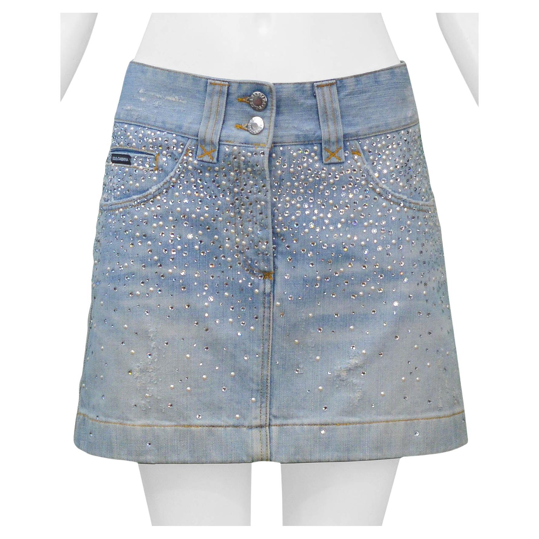 Dolce & Gabbana Crystal & Pearl Denim Mini Skirt
