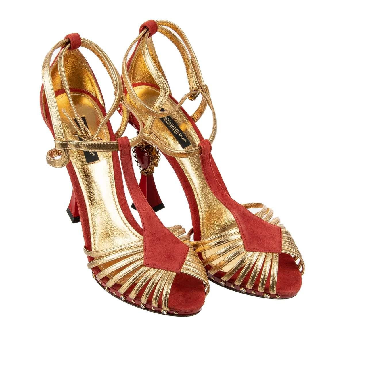 - Leather High Heel Sandals BETTE with metal sacred heart element on the heel and crystals in gold and red by DOLCE & GABBANA - MADE IN ITALY - RUNWAY - Dolce & Gabbana Fashion Show - New with Box - Model: CR0508-AV075-89668 - Material: 54%