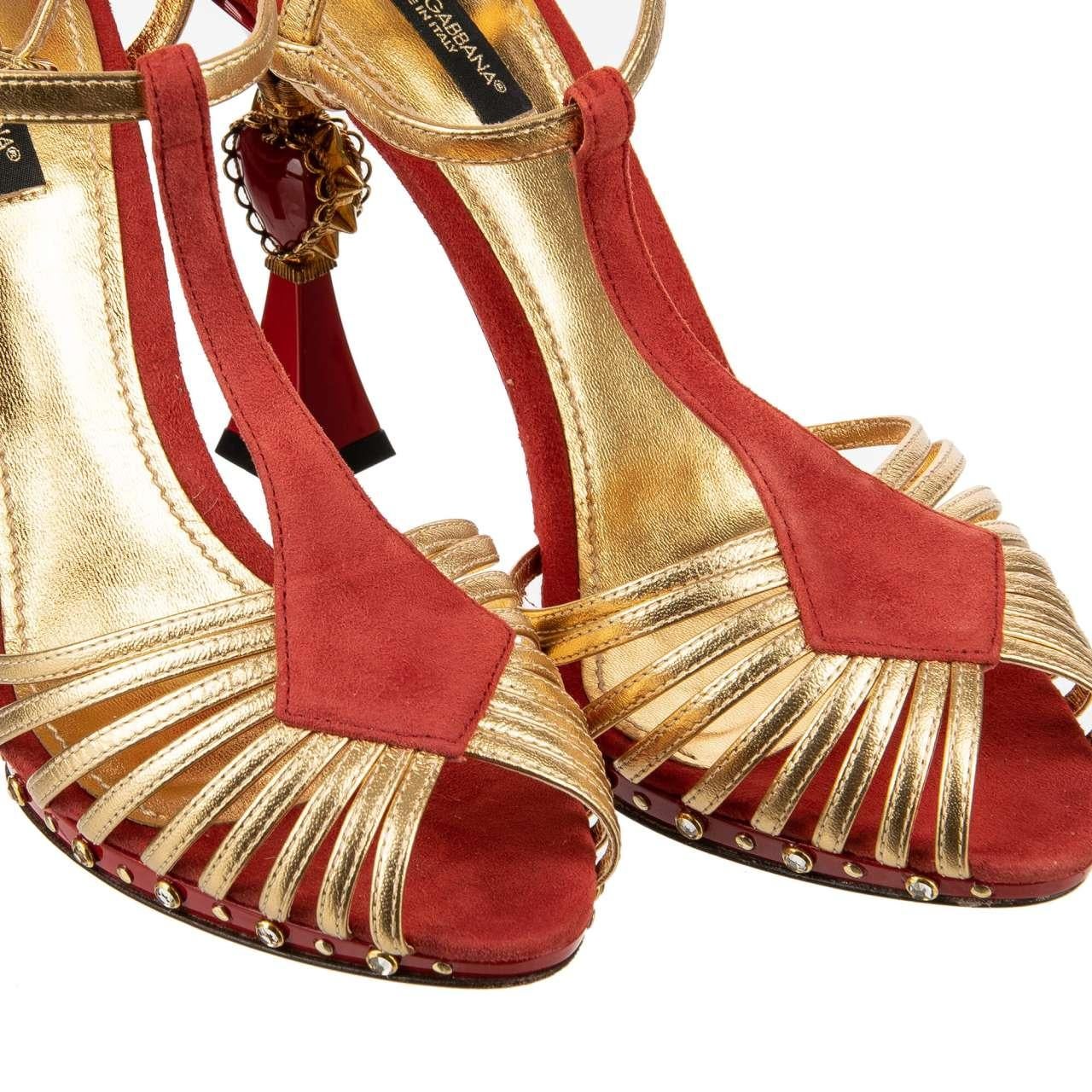 Women's Dolce & Gabbana Crystal Sacred Heart High Heel Sandals BETTE Red Gold 39.5 9.5 For Sale