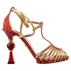 Dolce & Gabbana Crystal Sacred Heart High Heel Sandals BETTE Red Gold 39.5 9.5