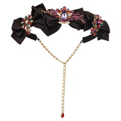 Dolce & Gabbana - Crystal Silk Ribbon Brooch Chain Belt Black S M