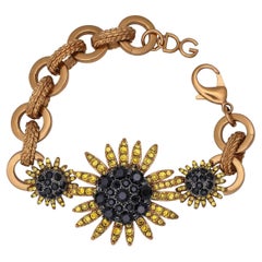 Dolce & Gabbana Crystal Sunflower Pendant Chain Bracelet Black Yellow Gold