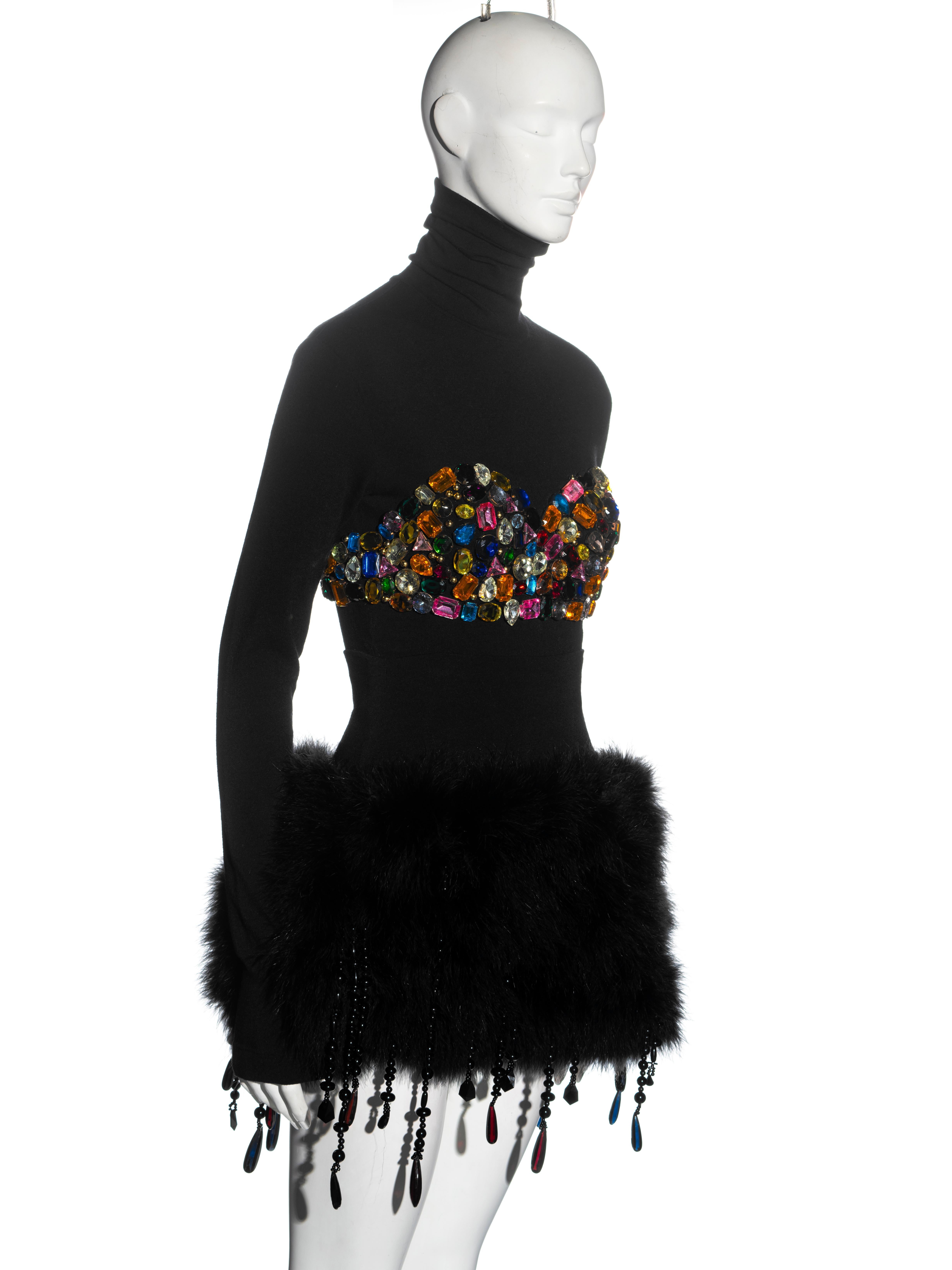 Women's Dolce & Gabbana crystal top and marabou feather puffball skirt set, fw 1991