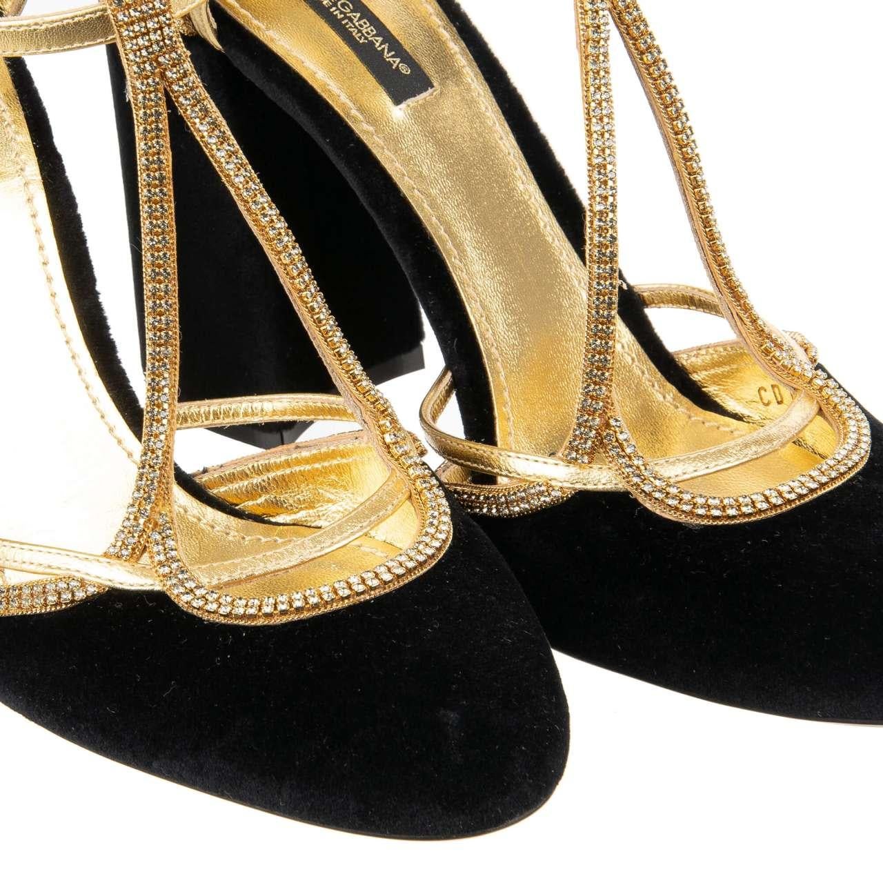 Dolce & Gabbana - Crystal Velvet Mary Jane Pumps VALLY Black Gold 39.5 In Excellent Condition For Sale In Erkrath, DE