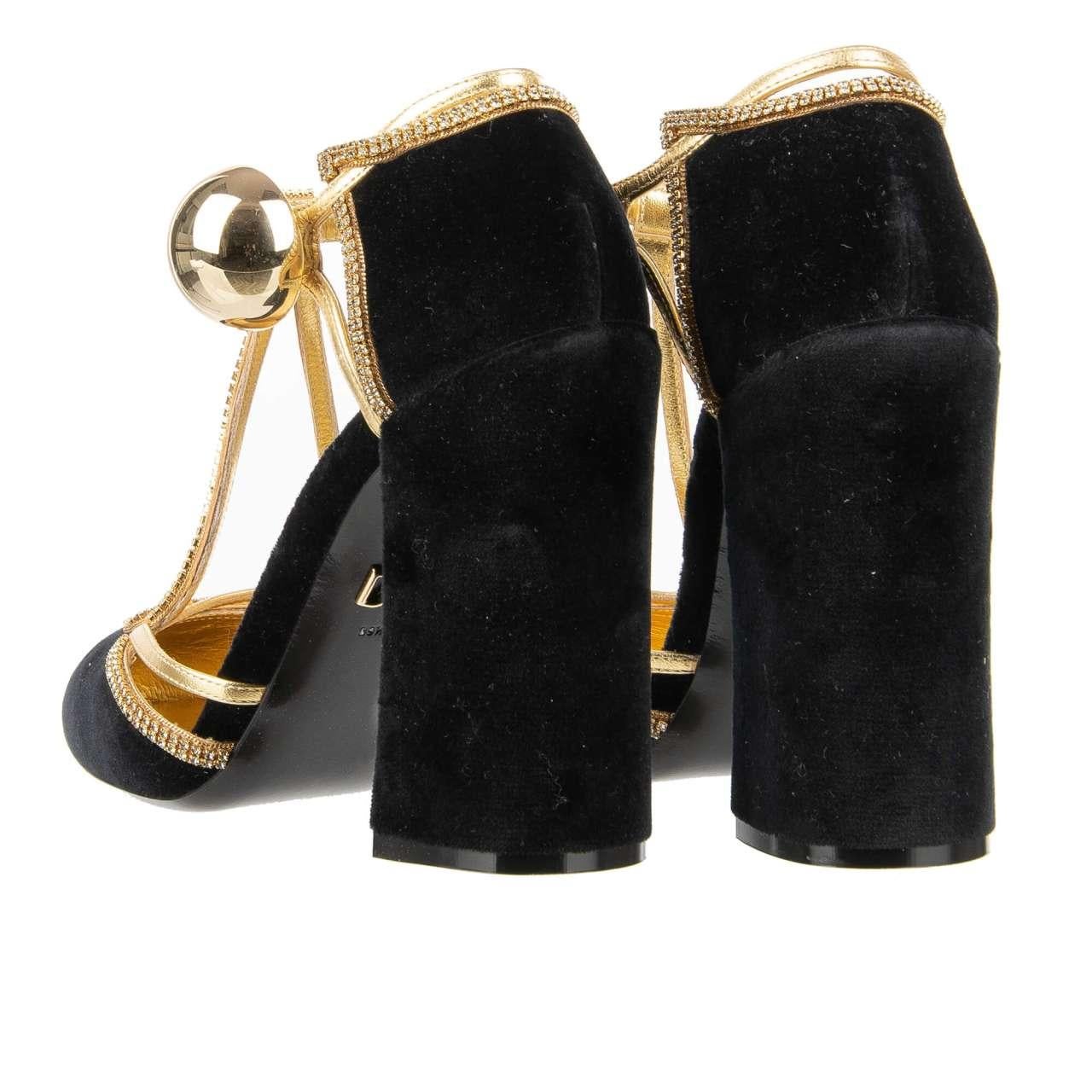 Dolce & Gabbana - Crystal Velvet Mary Jane Pumps VALLY Black Gold 39.5 For Sale 1