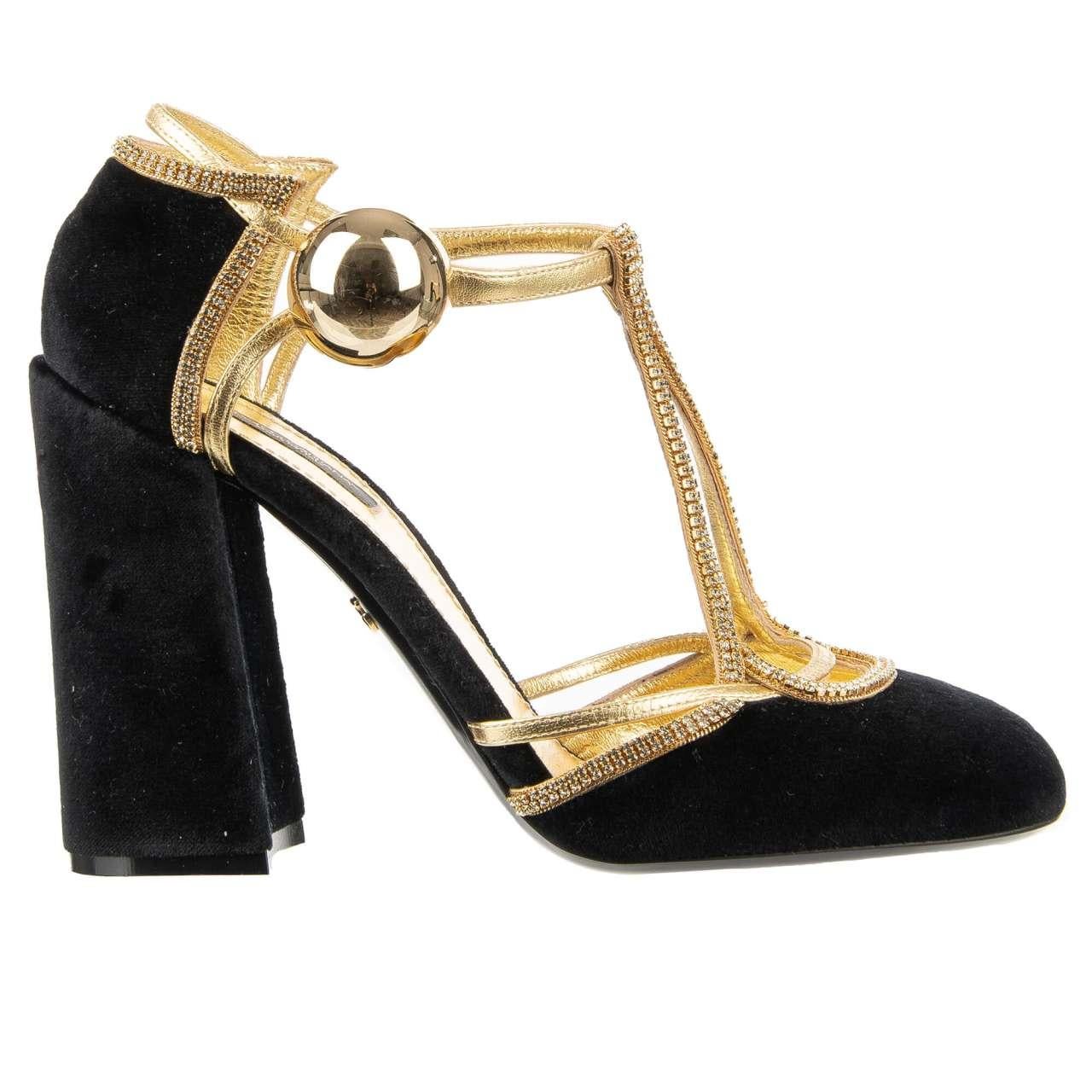Dolce & Gabbana - Crystal Velvet Mary Jane Pumps VALLY Black Gold 39.5 For Sale 2