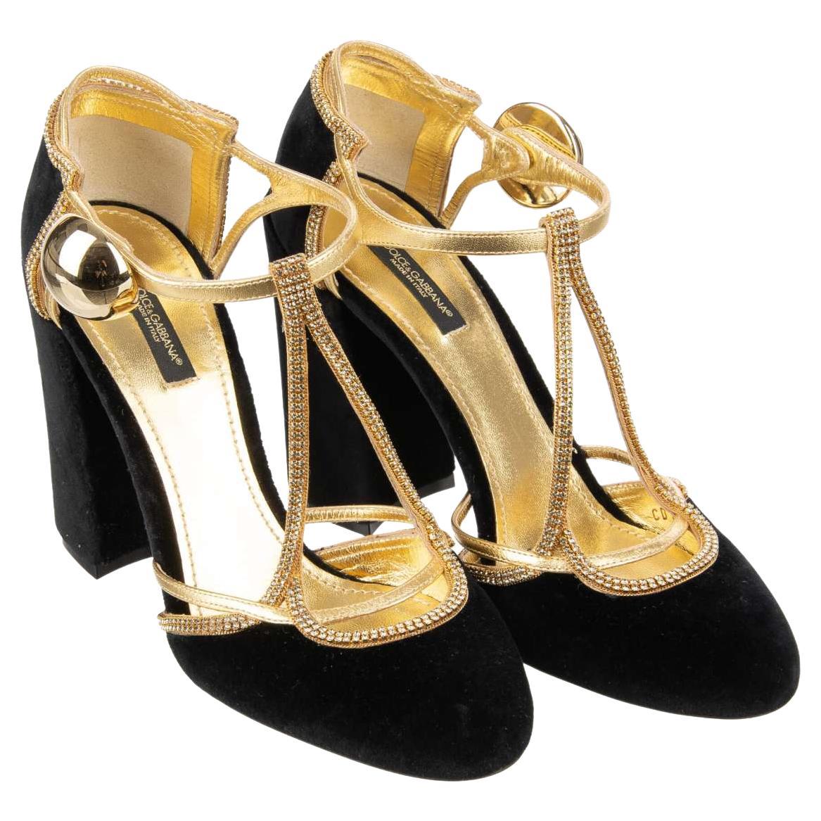 Dolce & Gabbana - Crystal Velvet Mary Jane Pumps VALLY Black Gold 39.5 For Sale