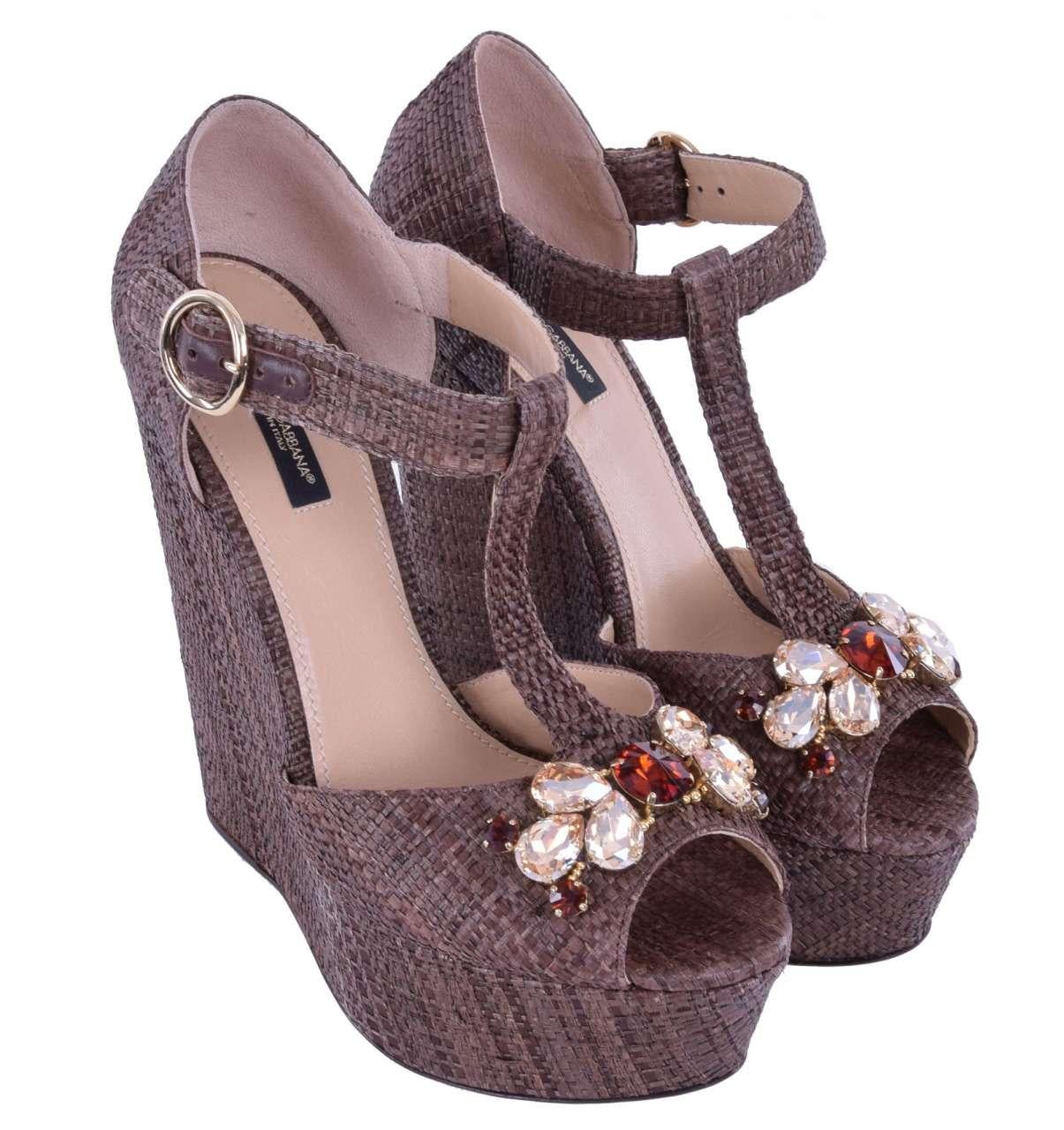 Dolce & Gabbana - Crystal Wedge Sandals BIANCA Brown In Excellent Condition For Sale In Erkrath, DE