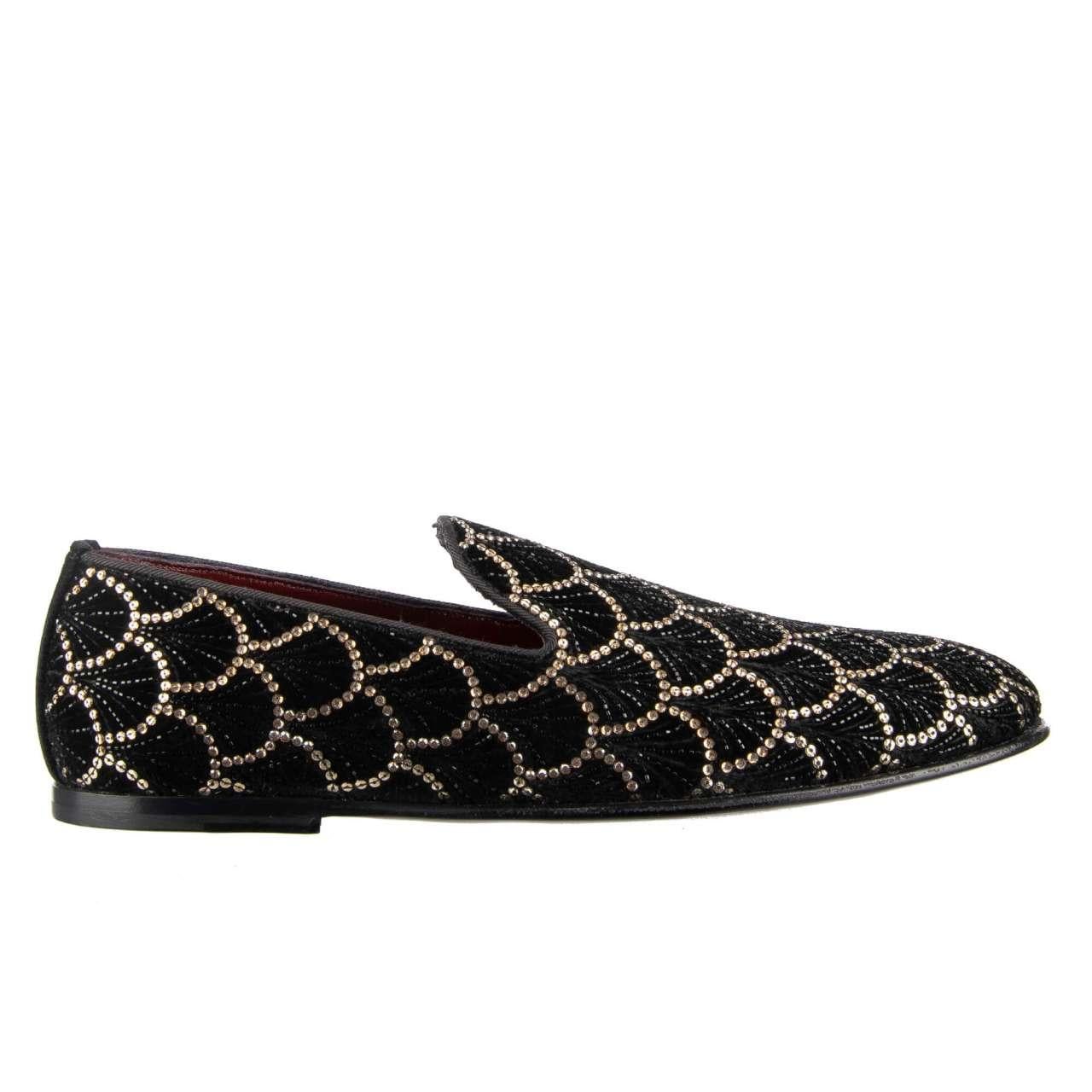 - Black and gold crystals embroidered loafer shoes ISPICA made of cotton by DOLCE & GABBANA - MADE IN ITALY - Former RRP: EUR 4.550 - New with Box - Model: A50148-AN280-8I762 - Material: 100% Cotton - Sole: Leather - Color: Black / Gold - Gold and