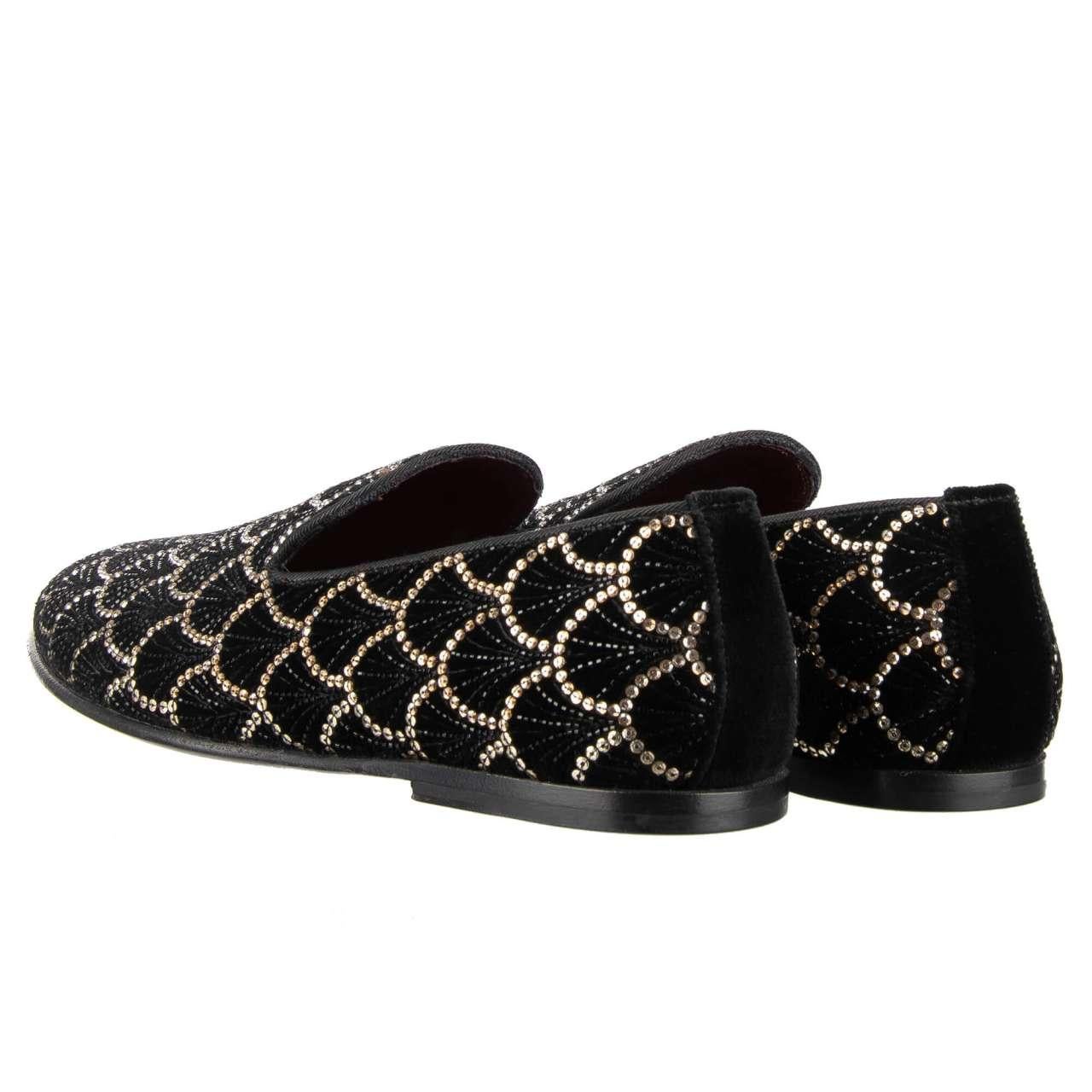 Men's Dolce & Gabbana Crystals Embroidered Loafer Shoes ISPICA Black Gold EUR 42 For Sale