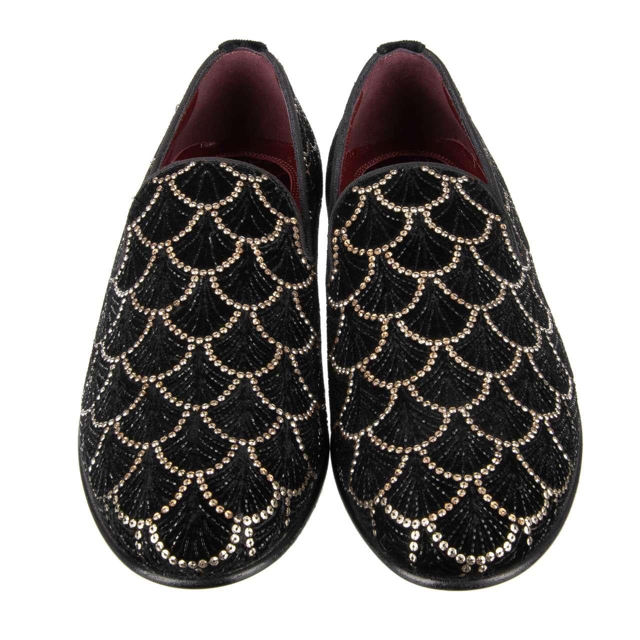 Dolce & Gabbana Crystals Embroidered Loafer Shoes ISPICA Black Gold EUR 42 For Sale 1