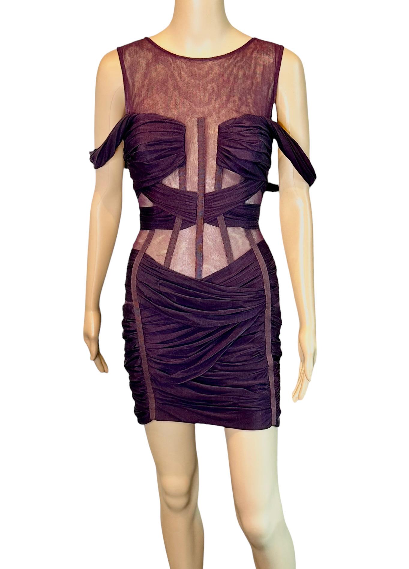 Black Dolce & Gabbana Cutout Sheer Mesh Panels Off-Shoulder Ruched Corset Mini Dress
