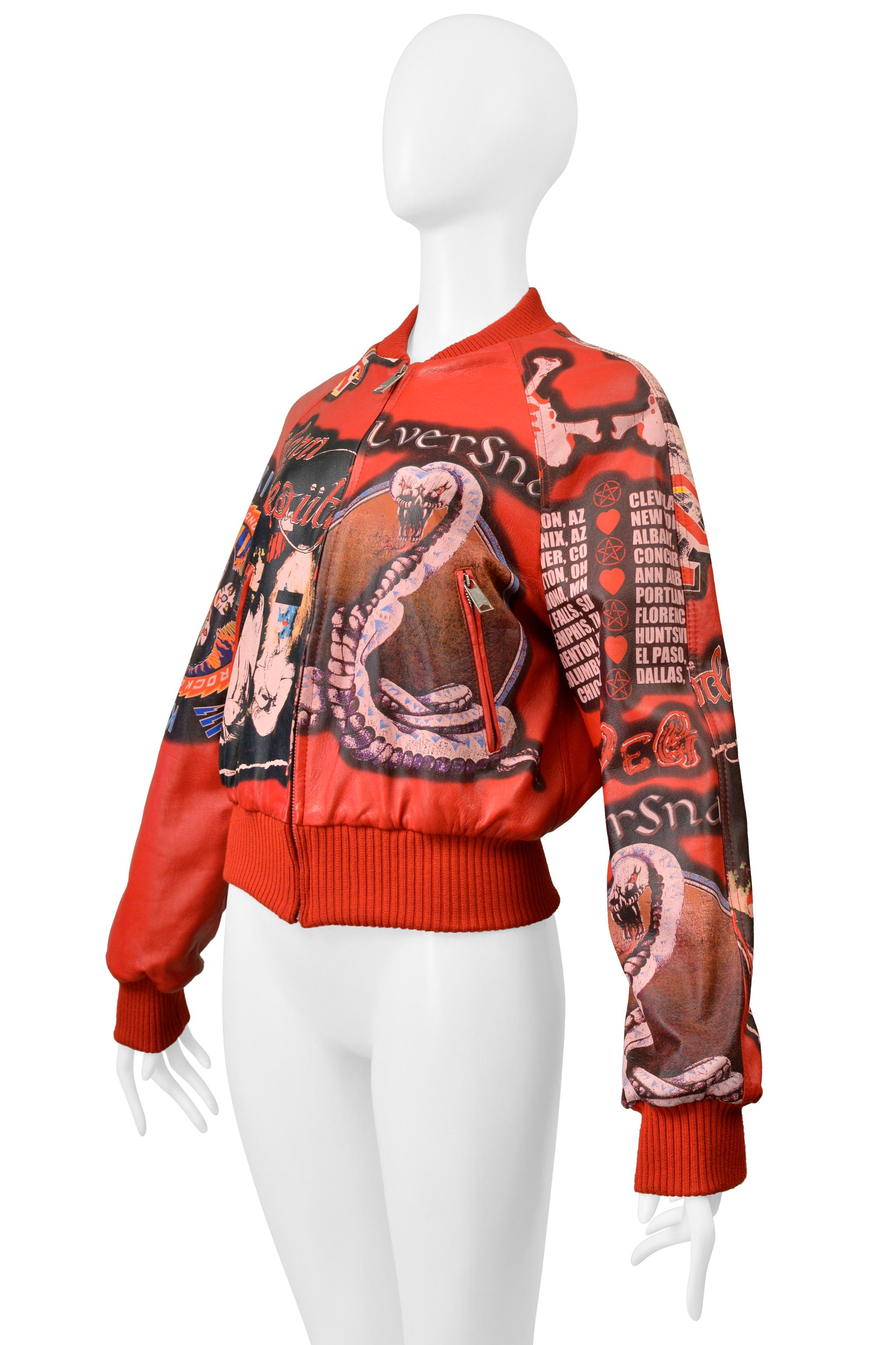 Beige Dolce & Gabbana D & G Red Leather Bomber Jacket With Faux Band Graphics 2001 For Sale