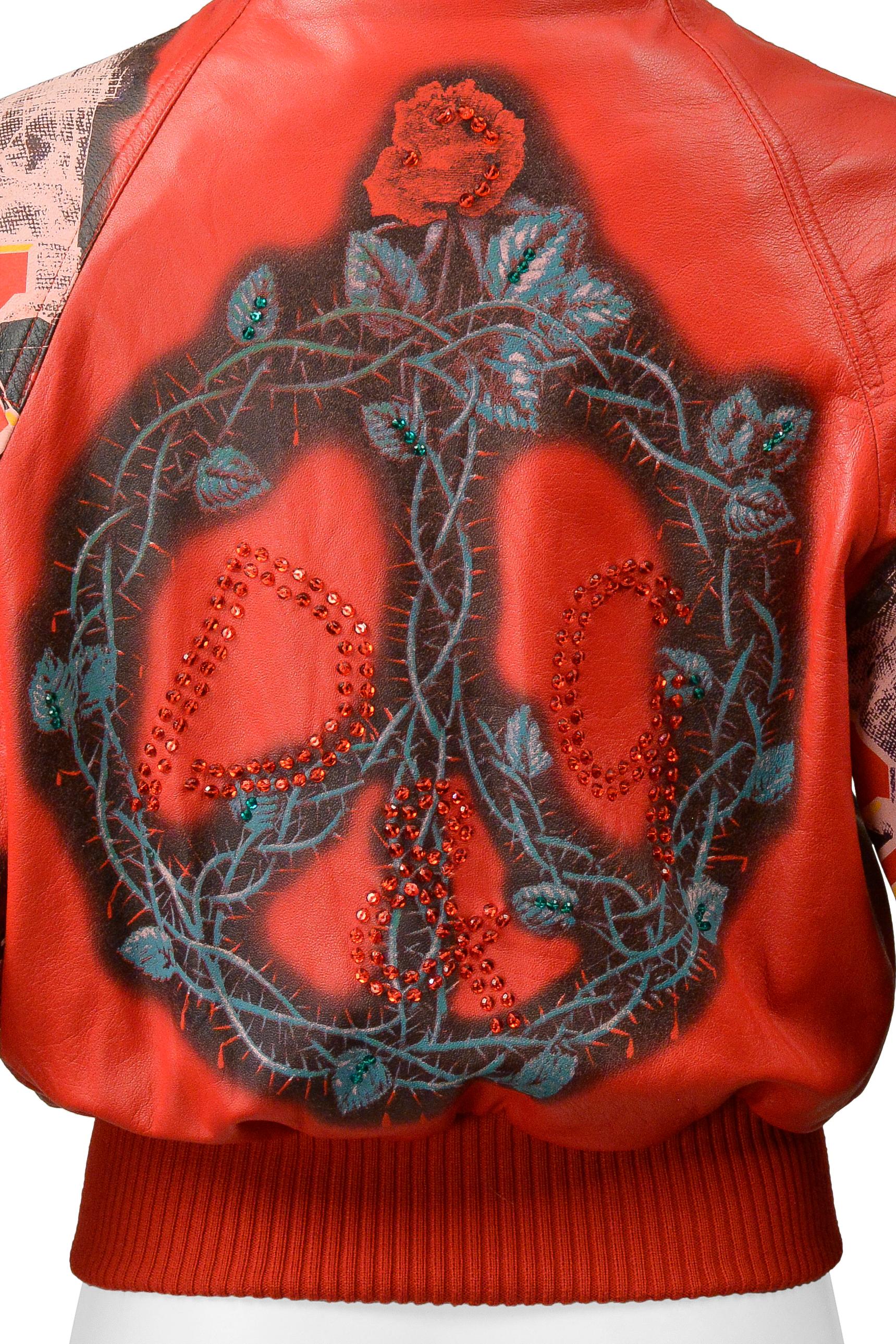 Dolce & Gabbana D & G Red Leather Bomber Jacket With Faux Band Graphics 2001 For Sale 1