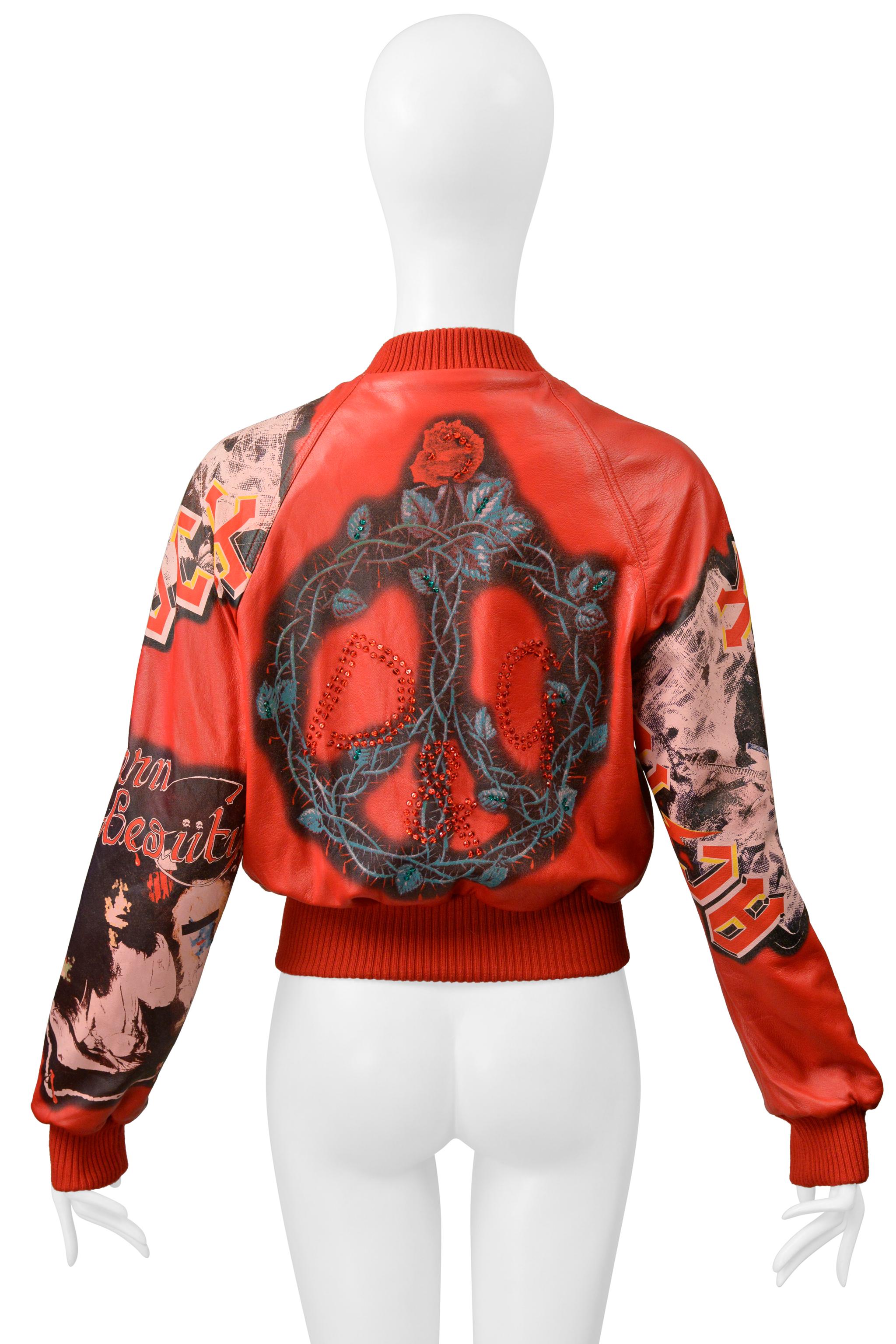 Dolce & Gabbana D & G Red Leather Bomber Jacket With Faux Band Graphics 2001 For Sale 2
