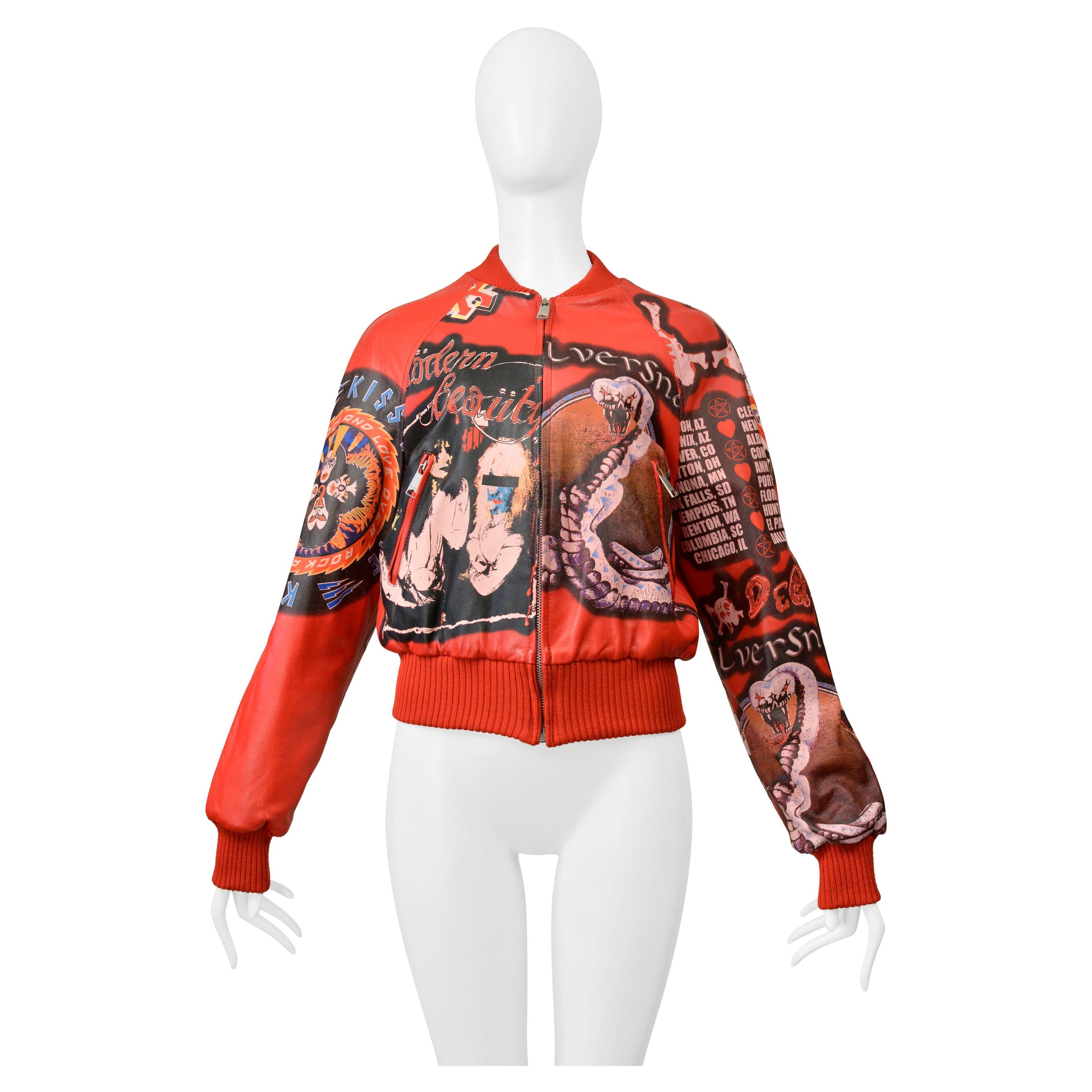 Dolce & Gabbana D & G Red Leather Bomber Jacket With Faux Band Graphics 2001 For Sale