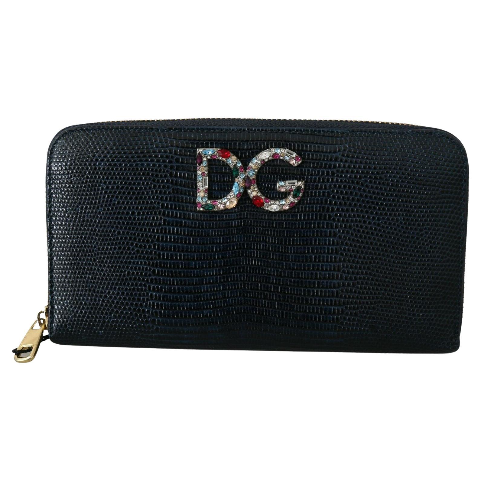 Dolce & Gabbana Dark Blue Leather Continental Wallet Clutch Bag Crystal DG Logo