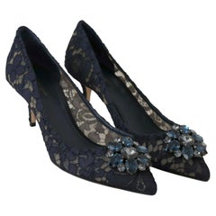 Dolce & Gabbana Dark Blue Taormina Lace Crystals Pumps Shoes Heels Rainbow Jewel