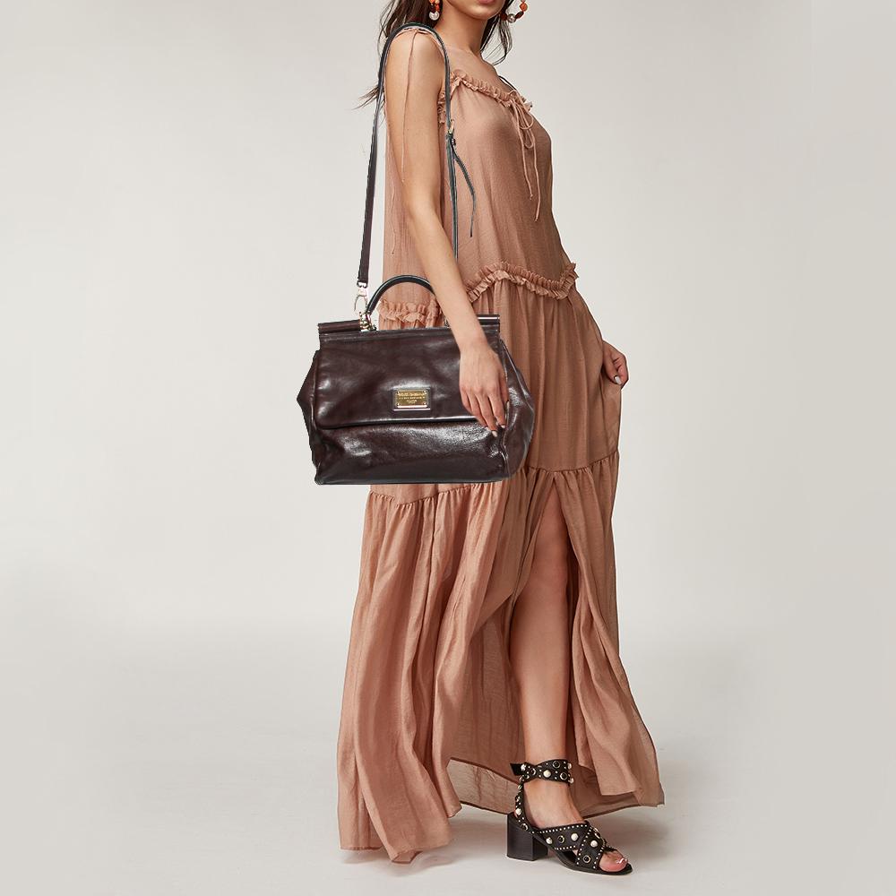 Black Dolce & Gabbana Dark Brown Leather Large Miss Sicily Top Handle Bag