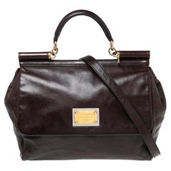 Dolce & Gabbana Dark Brown Leather Large Miss Sicily Top Handle Bag