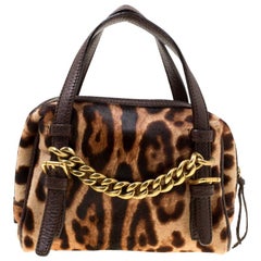 Dolce & Gabbana Dark Brown Leopard Print Calf Hair Mini Chain Satchel