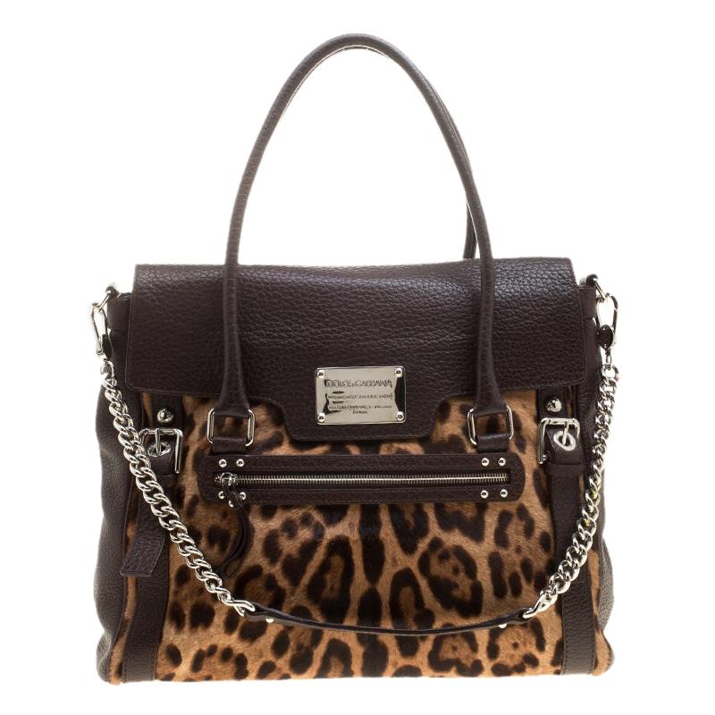 Dolce & Gabbana Dark Brown Leopard Print Leather and Calf Hair Top Handle Bag