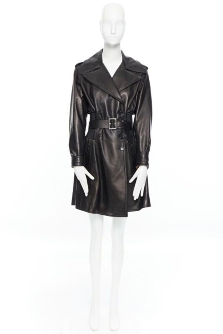 Black DOLCE & GABBANA dark brown nappa leather double breasted silver buckle belt coat For Sale