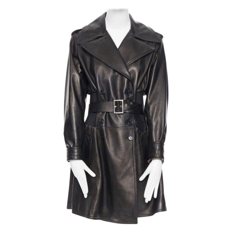 DOLCE 
GABBANA dark brown nappa leather double breasted silver buckle belt coat