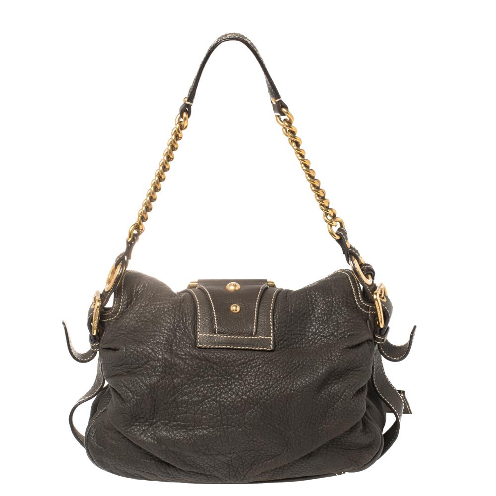 Dolce & Gabbana Dark Brown Pebbled Leather D Ring Flap Hobo In Good Condition In Dubai, Al Qouz 2