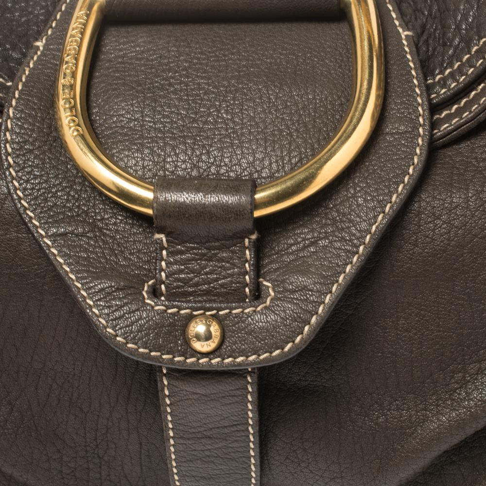 Women's Dolce & Gabbana Dark Brown Pebbled Leather D Ring Flap Hobo