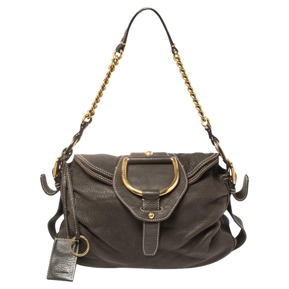 Dolce & Gabbana Dark Brown Pebbled Leather D Ring Flap Hobo