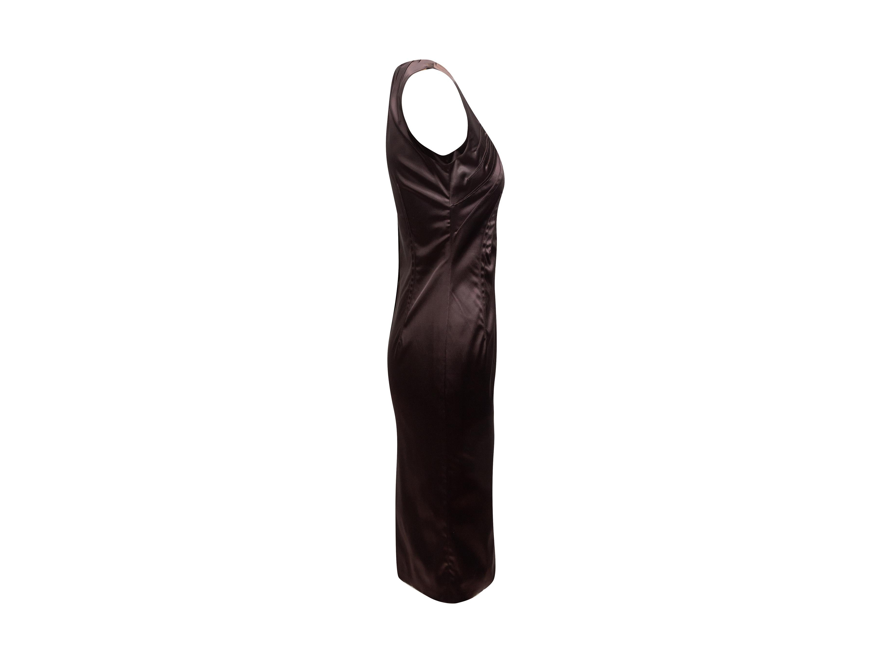 Product details: Dark brown satin sleeveless dress by Dolce & Gabbana. Scoop neckline featuring pleating. Zip closure at back. Designer size 44. 32