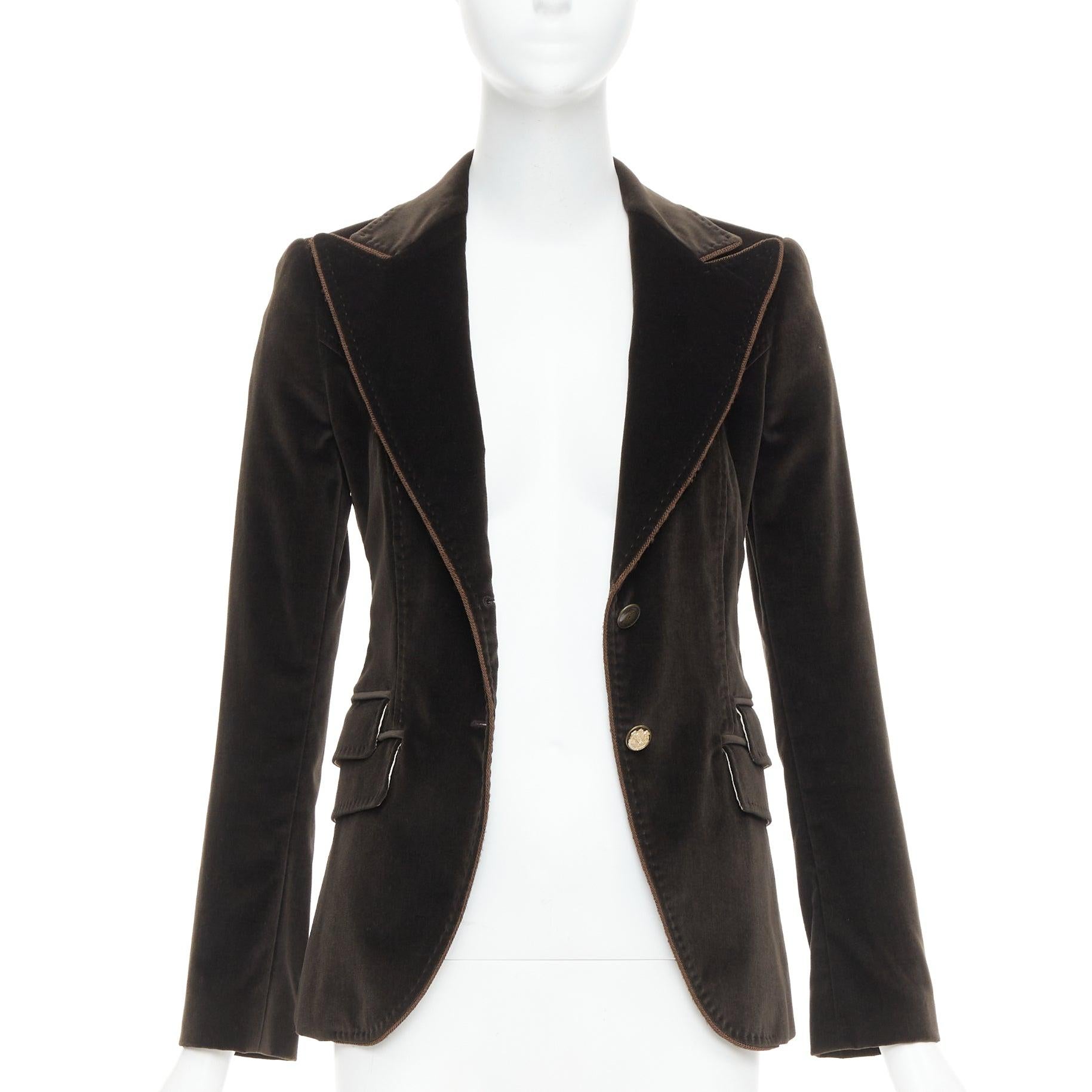 Black DOLCE GABBANA dark brown velvet rope pip peak lapel Le Smoking blazer IT38 XS For Sale