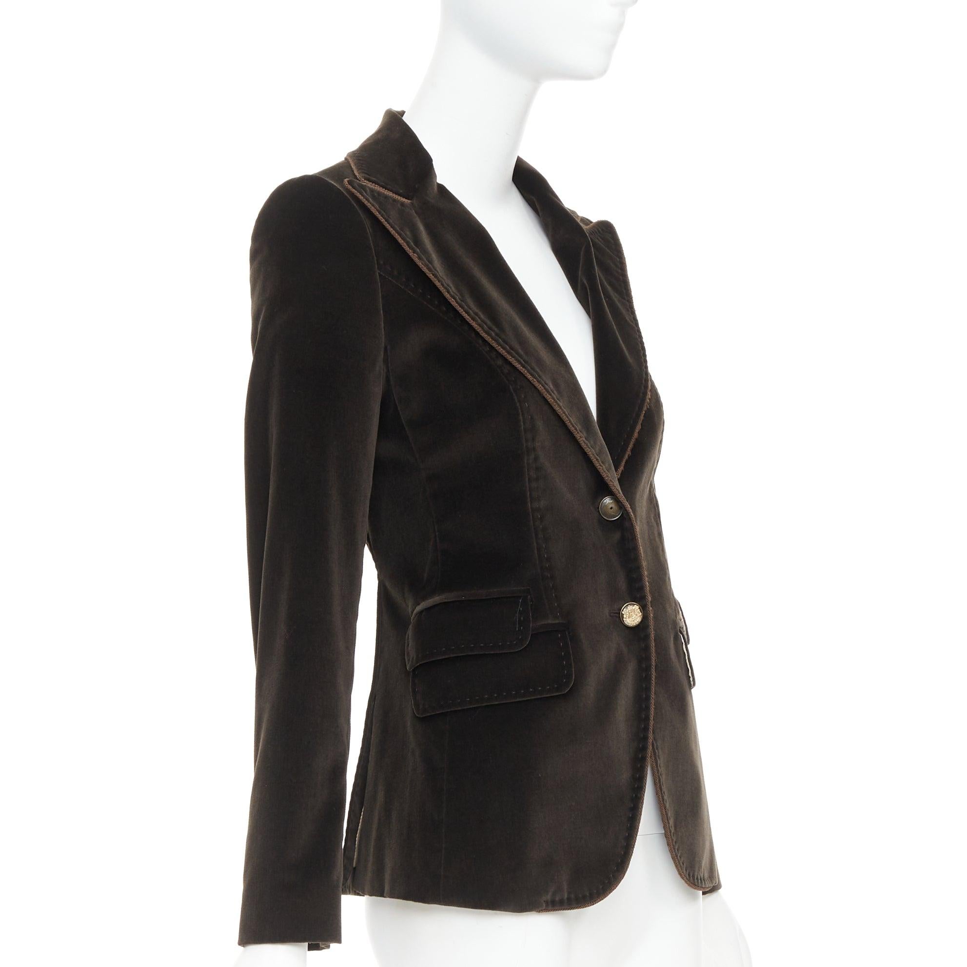 DOLCE GABBANA dark brown velvet rope pip peak lapel Le Smoking blazer IT38 XS In Excellent Condition For Sale In Hong Kong, NT