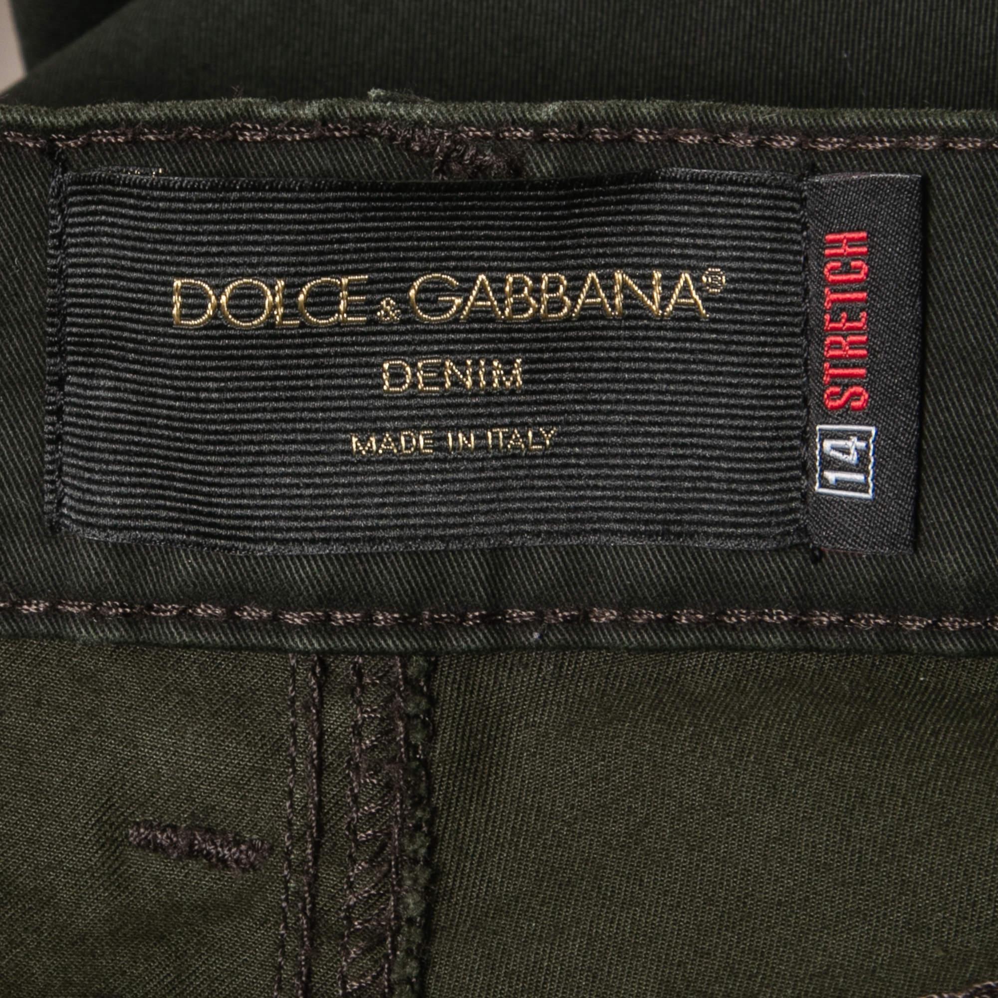 Men's Dolce & Gabbana Dark Green Cotton 14 Stretch Trousers M For Sale