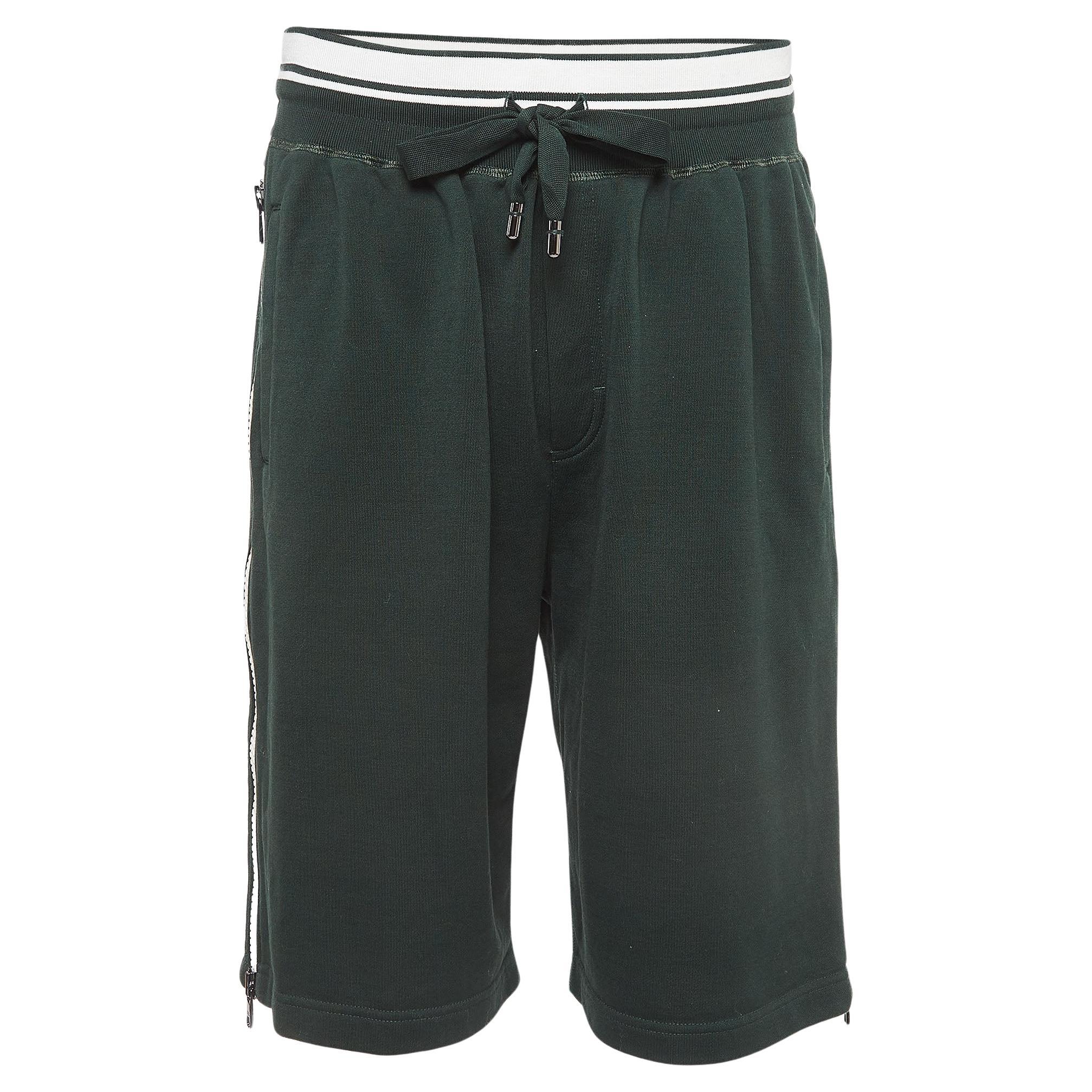 Dolce & Gabbana Dark Green Cotton Blend Knit Drawstring Shorts M For Sale