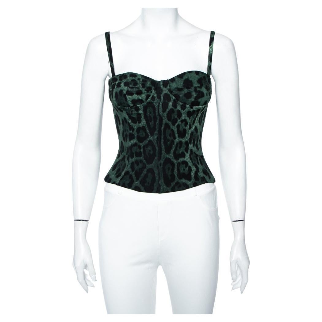 Dolce & Gabbana Dark Green Leopard Print Silk Bustier Top S