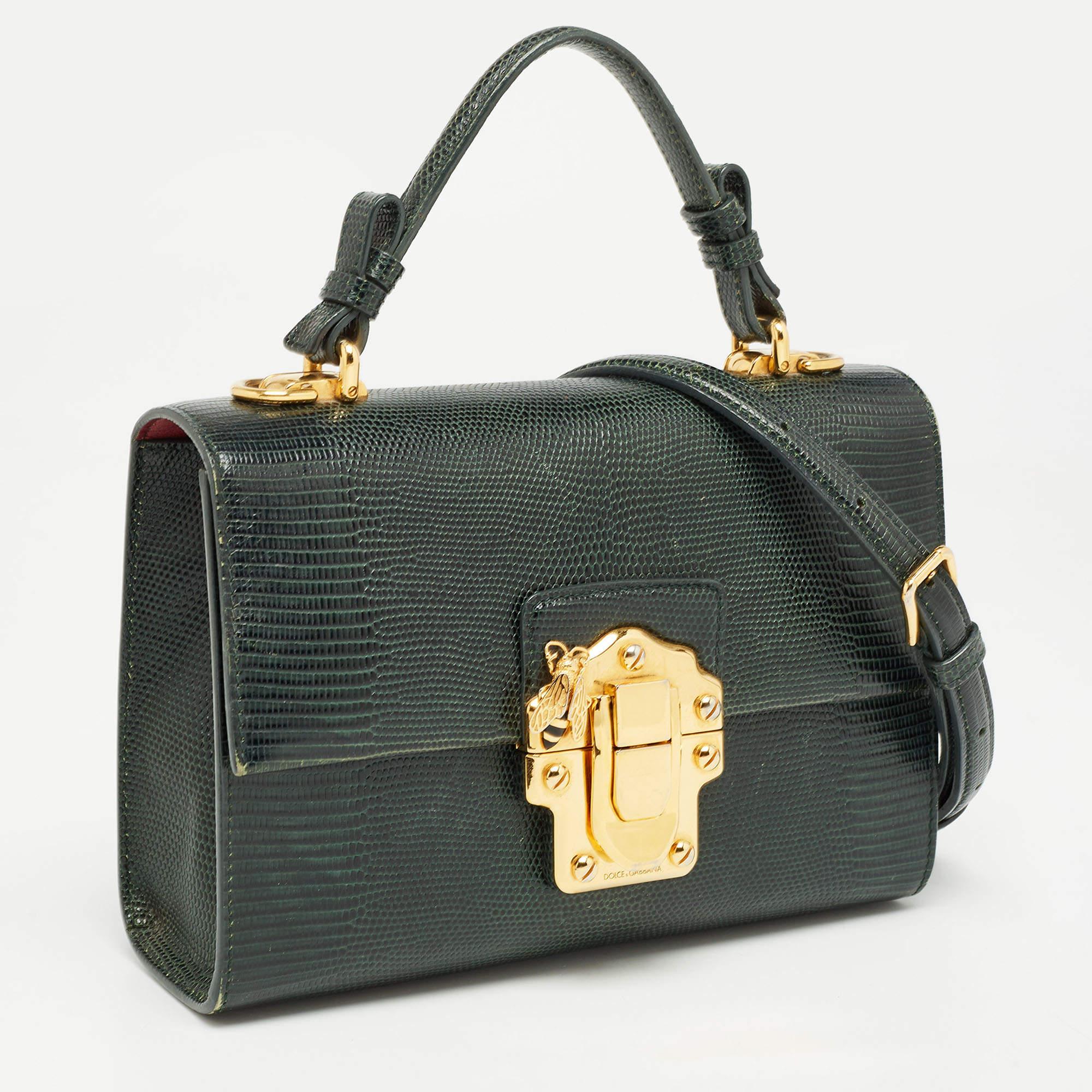Dolce & Gabbana Dunkelgrüne Lucia Top Handle Bag aus geprägtem Leder mit Eidechsenprägung 1
