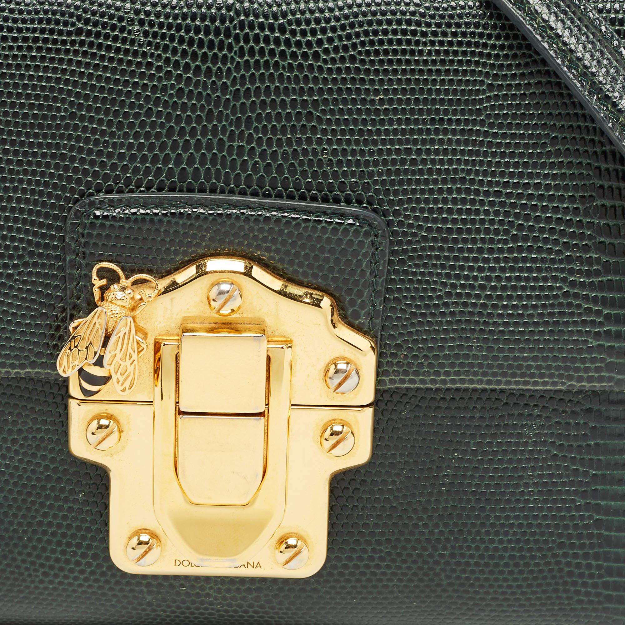 Dolce & Gabbana Dunkelgrüne Lucia Top Handle Bag aus geprägtem Leder mit Eidechsenprägung 2