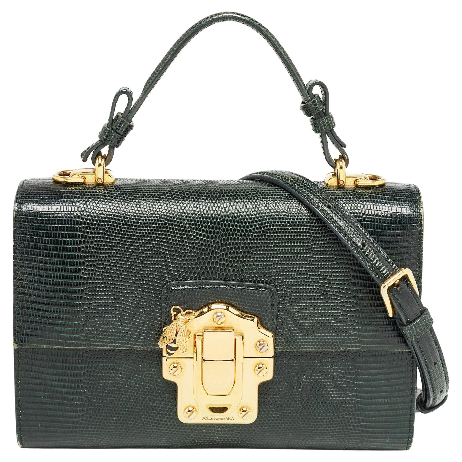 Dolce & Gabbana Dunkelgr�üne Lucia Top Handle Bag aus geprägtem Leder mit Eidechsenprägung