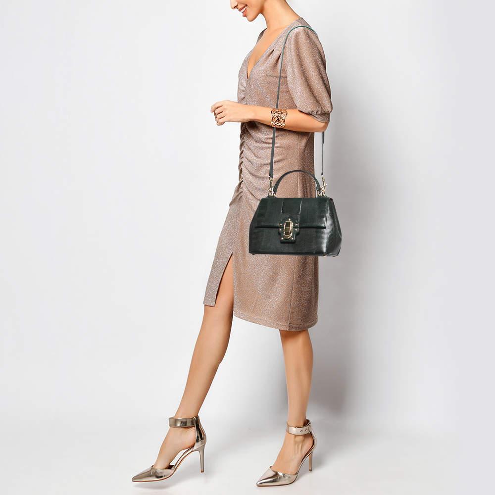 Dolce & Gabbana Dark Green Lizard Embossed Leather Medium Lucia Top Handle Bag In Good Condition In Dubai, Al Qouz 2