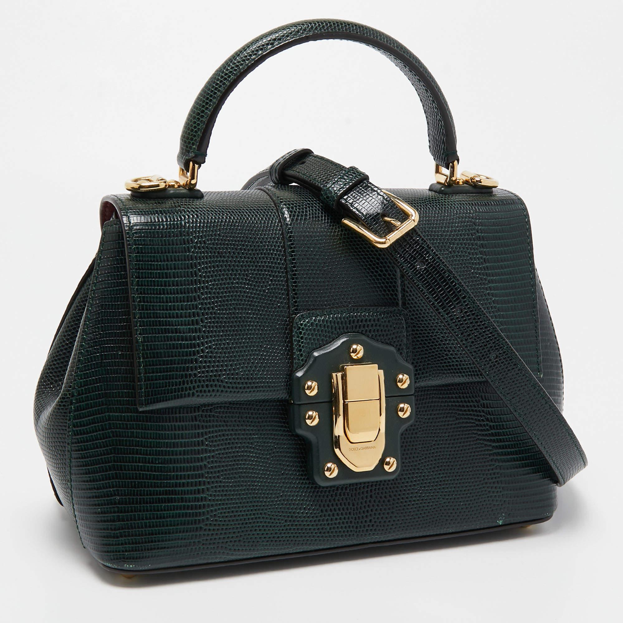Women's Dolce & Gabbana Dark Green Lizard Embossed Leather Medium Lucia Top Handle Bag